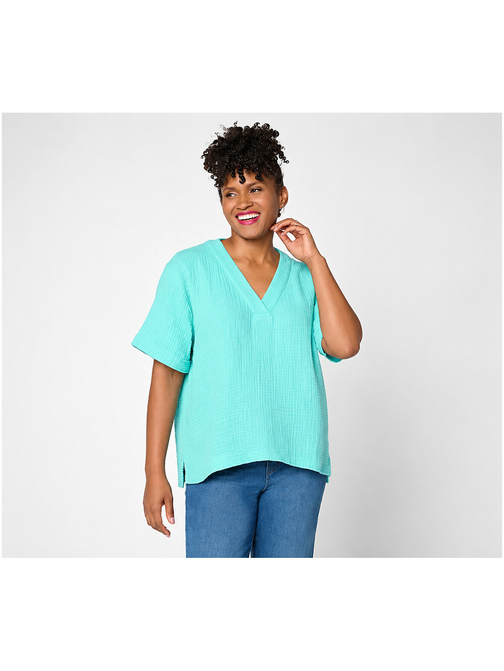 Susan Graver Petite Cotton Gauze Pullover Top Aqua Tint, Small